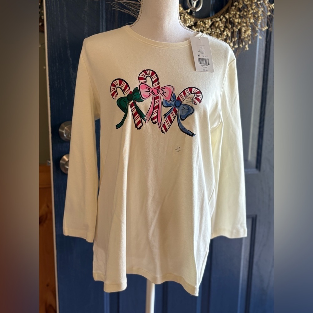 Kim Rogers Cream Long Sleeve Tee with Candy Cane Design